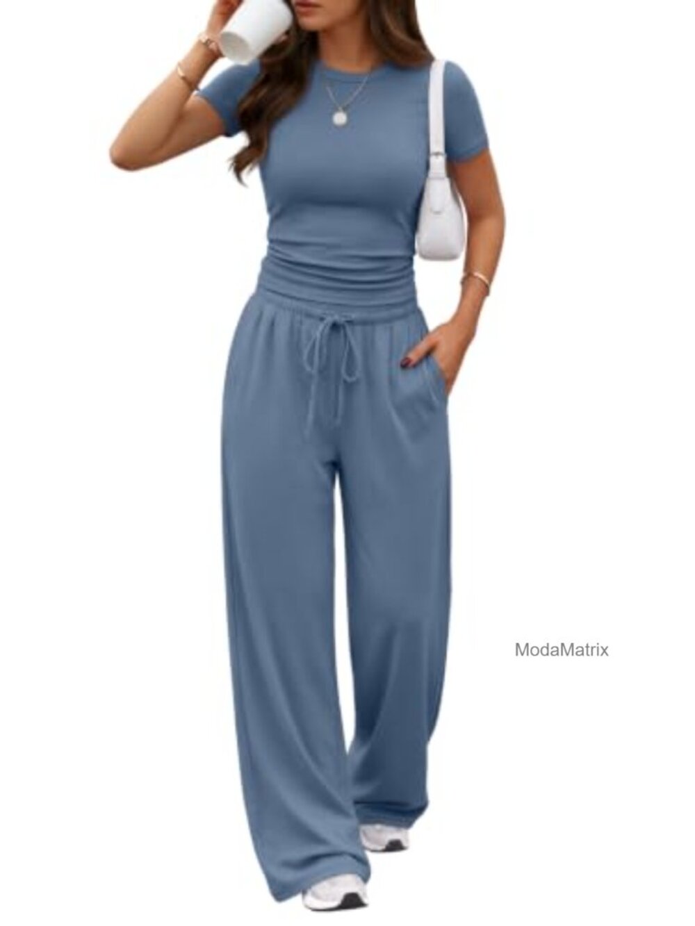 2 Piece Lounge Set Short Sleeve Top Wide Leg Pants with Pockets Rayon Spandex
